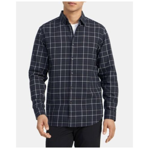 New Theory Men's Irving Navy Multi Ombre Line Grid Buttons Down Shirt Size Large